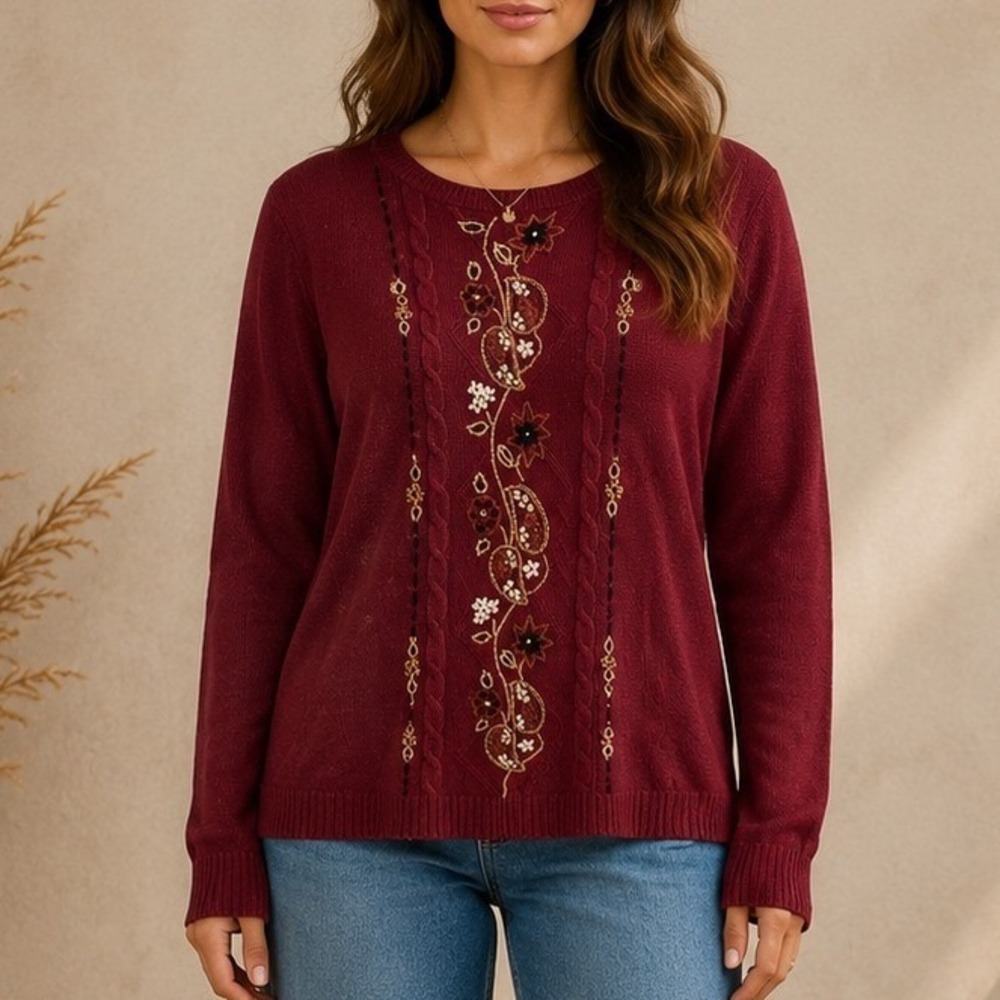 WinterSilks Sweater Burgundy Silk Blend Floral Embroidered Cottagecore Small
